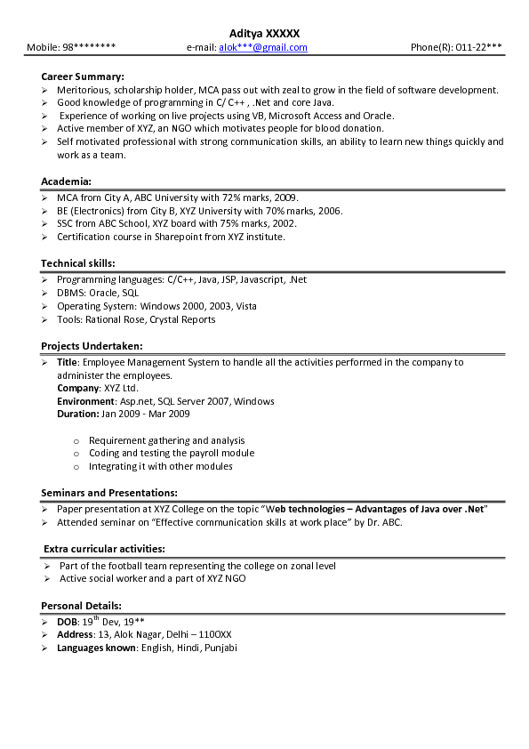 Mca resume samples