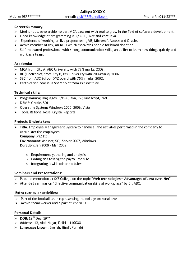 Sample resume for fresher