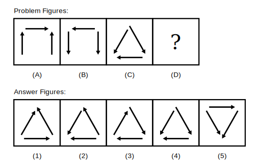 problem figure A shows three arrows forming an upside-down U, the two side arrows pointing up and the top arrow pointing right, problem figure B shows the same three arrows each pointing the opposite way, problem figure C shows three arrows forming a triangle, the two sloping arrows pointing down and the bottom arrow pointing left, followed by five candidate answer figures numbered 1 to 5