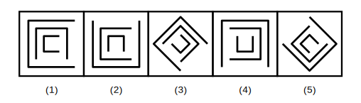 five figures each with three nested squares with gaps, four where the middle square is the outer square turned 90 degrees clockwise and the inner square is the middle square turned another 90 degrees clockwise, and one where the inner square turns the other way