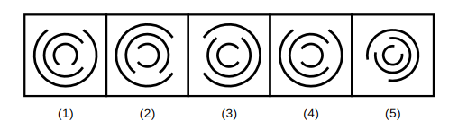 five figures each with nested circles with gaps, four where each gap is rotated 90 degrees clockwise from the gap of the circle around it, and one where the innermost gap breaks this pattern