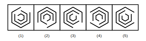 five figures each with nested hexagons with an opening on one side, four where each hexagon's opening is one side further anticlockwise than the hexagon around it, and one where the innermost hexagon turns the other way