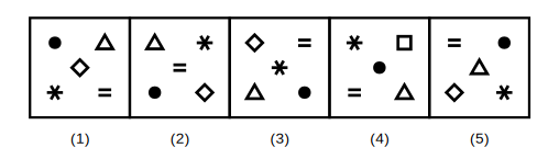 five figures each with the same five symbols (star, diamond, dot, equals sign, triangle) rearranged, one with the diamond replaced by a square