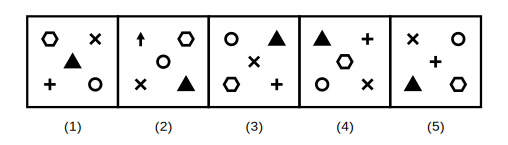 five figures each with the same five symbols (cross, circle, plus, black triangle, hexagon) rearranged, one with the plus sign replaced by an arrow