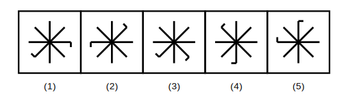 five abstract star-like figures where figures 1 and 4 are rotations of each other, figures 3 and 5 are rotations of each other, and figure 2 has no rotation-equivalent match among the other four