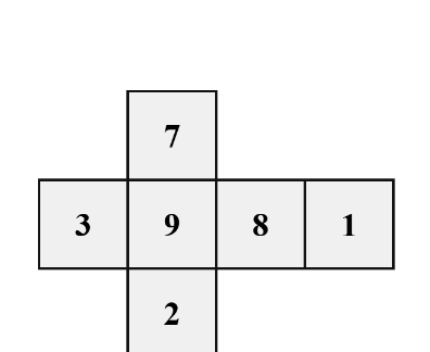 a plus-shaped net of six squares showing the numbers 9, 7, 2, 8 and 3, with an extra square marked 1 attached beyond the 8 square