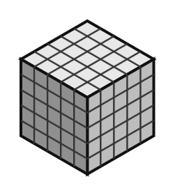 a cube divided into 125 smaller cubes in a 5 by 5 by 5 arrangement