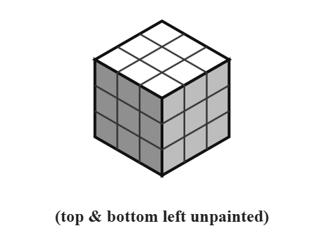 a cube divided into 27 smaller cubes in a 3 by 3 by 3 arrangement, with the top face left plain to show that the top and bottom faces are not painted