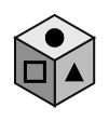 cube showing a filled circle on top, an outline square in front and a filled triangle on the right