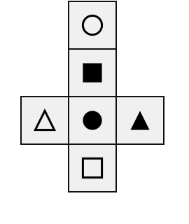a plus-shaped net of six squares: centre a filled circle, the arm above it a filled square, the arm below it an outline square, the arm to the right a filled triangle, the arm to the left an outline triangle, and an extra square with an outline circle attached beyond the filled-square arm