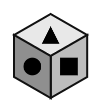 cube showing a filled triangle on top, a filled circle in front and a filled square on the right