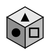 cube showing a filled triangle on top, a filled circle in front and an outline square on the right