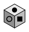 cube showing a filled circle on top, an outline circle in front and a filled square on the right