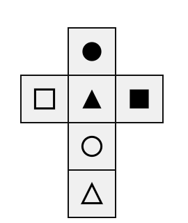 a plus-shaped net of six squares: centre a filled triangle, the arm above it a filled circle, the arm below it an outline circle, the arm to the right a filled square, the arm to the left an outline square, and an extra square with an outline triangle attached beyond the outline-circle arm