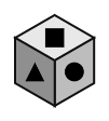 cube showing a filled square on top, a filled triangle in front and a filled circle on the right