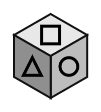cube showing an outline square on top, an outline triangle in front and an outline circle on the right