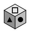 cube showing an outline square on top, a filled triangle in front and a filled circle on the right