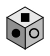 cube showing a filled square on top, a filled circle in front and an outline circle on the right
