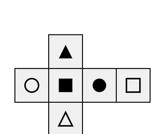 a plus-shaped net of six squares: centre a filled square, the arm above it a filled triangle, the arm below it an outline triangle, the arm to the right a filled circle, the arm to the left an outline circle, and an extra square with an outline square attached beyond the filled-circle arm