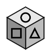 cube showing an outline circle on top, an outline square in front and an outline triangle on the right