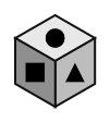 cube showing a filled circle on top, a filled square in front and a filled triangle on the right