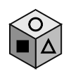 cube showing an outline circle on top, a filled square in front and an outline triangle on the right