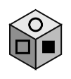 cube showing an outline circle on top, an outline square in front and a filled square on the right
