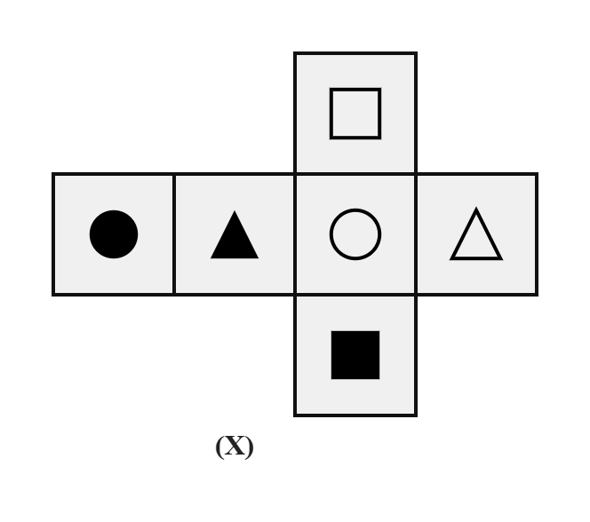a plus-shaped net of six squares: centre an outline circle, the arm above it an outline square, the arm below it a filled square, the arm to the right an outline triangle, the arm to the left a filled triangle, and an extra square with a filled circle attached beyond the filled-triangle arm