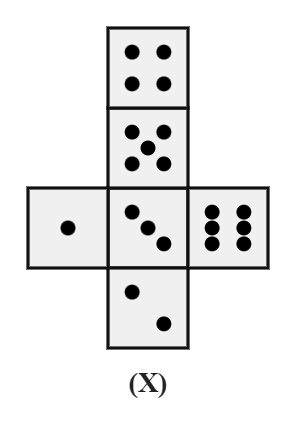 a plus-shaped net of six squares with dot counts 3 (centre), 5 (above), 2 (below), 6 (right), 1 (left) and 4 (an extra square attached beyond the 5-dot square)