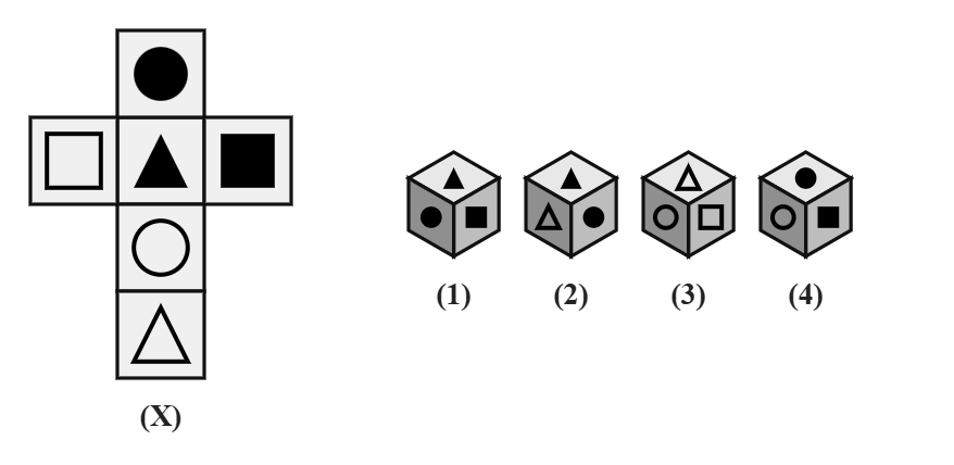 net X with a filled triangle at centre, filled circle above, outline circle below, filled square on the right, outline square on the left, and an outline triangle attached beyond the outline-circle arm; four candidate cubes numbered 1 to 4
