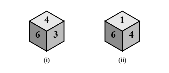 two positions of a dice, each with 6 on the left face: (i) 4 on top and 3 on the right, (ii) 1 on top and 4 on the right