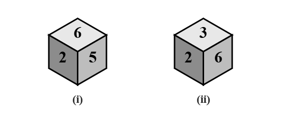 two positions of a dice, each with 2 on the left face: (i) 6 on top and 5 on the right, (ii) 3 on top and 6 on the right