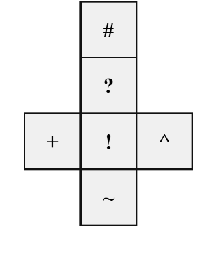 a plus-shaped net of six squares showing the symbols !, ?, ~, ^ and +, with an extra square marked # attached beyond the ? square