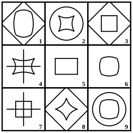 3 by 3 grid of nine numbered figures to be grouped into three classes, grouping of images question 16