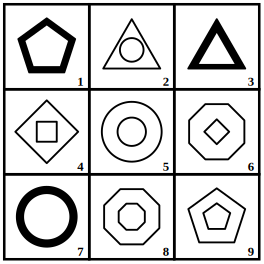 3 by 3 grid of nine numbered figures to be grouped into three classes, grouping of images question 24