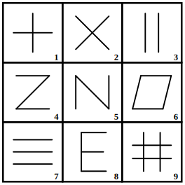 3 by 3 grid of nine numbered figures to be grouped into three classes, grouping of images question 4