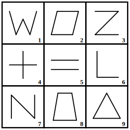 3 by 3 grid of nine numbered figures to be grouped into three classes, grouping of images question 5
