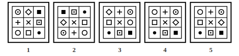 five numbered grids of symbols, image analysis question 16