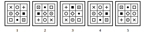five numbered grids of symbols, image analysis question 17
