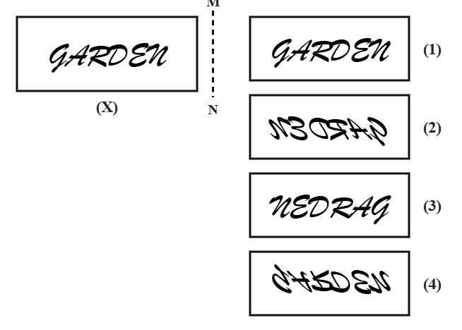 the word GARDEN in a cursive script (X) next to a dashed vertical mirror line MN, with four candidate renderings of the word numbered 1 to 4