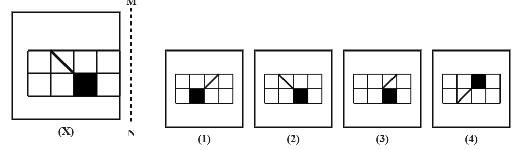 a 2 by 4 grid rectangle with a diagonal line in one cell and a solid shaded cell, next to a dashed vertical mirror line MN, with four candidate answer grids numbered 1 to 4