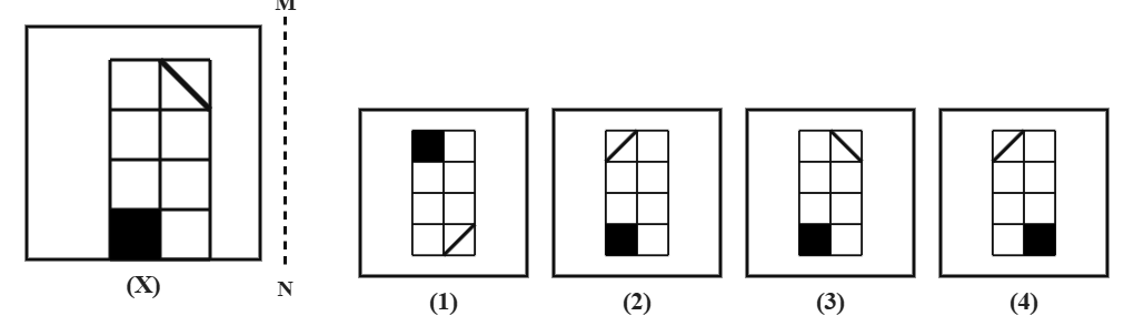 a 4 by 2 grid rectangle with a diagonal line in one cell and a solid shaded cell, next to a dashed vertical mirror line MN, with four candidate answer grids numbered 1 to 4