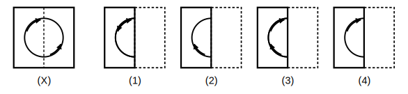transparent sheet X with a pattern and a dotted fold line, and four answer figures 1 to 4 for paper folding question 14