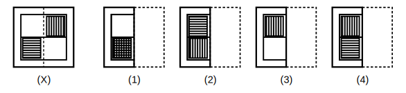 transparent sheet X with a pattern and a dotted fold line, and four answer figures 1 to 4 for paper folding question 16
