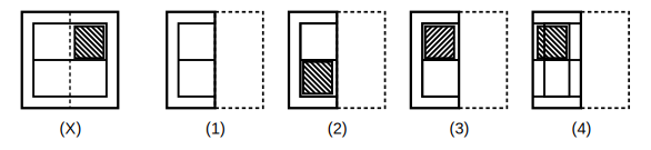 transparent sheet X with a pattern and a dotted fold line, and four answer figures 1 to 4 for paper folding question 17