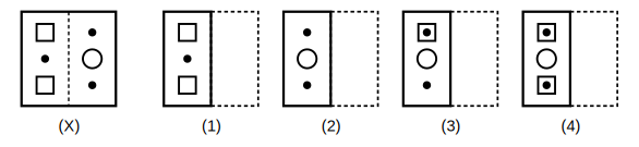 transparent sheet X with a pattern and a dotted fold line, and four answer figures 1 to 4 for paper folding question 25