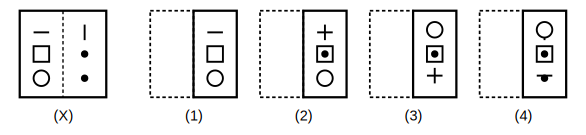transparent sheet X with a pattern and a dotted fold line, and four answer figures 1 to 4 for paper folding question 27
