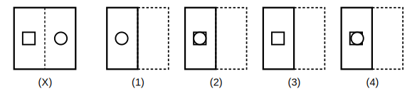 transparent sheet X with a pattern and a dotted fold line, and four answer figures 1 to 4 for paper folding question 4