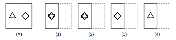 transparent sheet X with a pattern and a dotted fold line, and four answer figures 1 to 4 for paper folding question 5