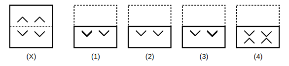 transparent sheet X with a pattern and a dotted fold line, and four answer figures 1 to 4 for paper folding question 8